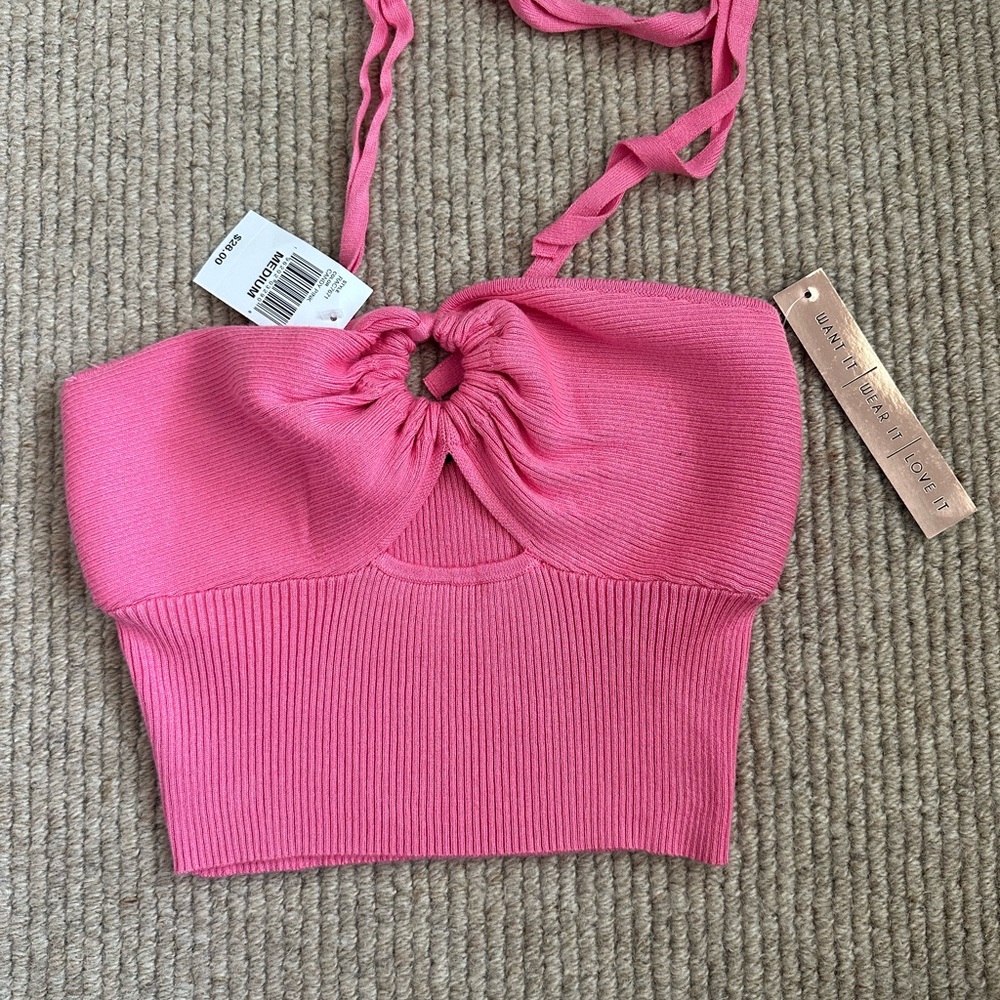 Pink Ribbed Crop Tank Top with Ruched Detail
